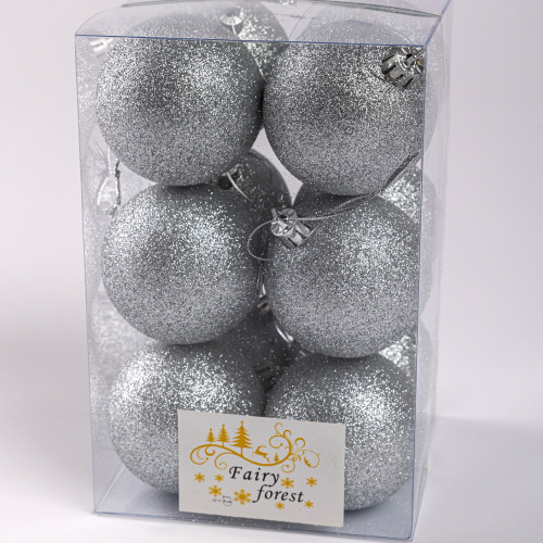 Набор пластиковых шаров Вероника 60 мм., серебро глиттер, 12 шт., ЕлкиТорг (150224)