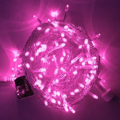 Светодиодная нить с мерцанием 10 м., 220V, 100 розовых LED ламп, прозрачный ПВХ провод, Rich LED (RL-S10CF-220V-T/P)