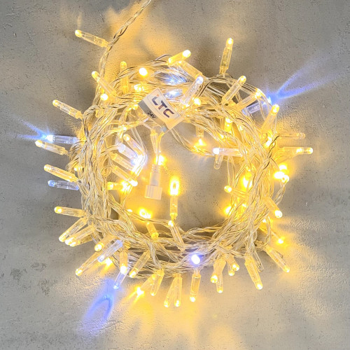 Светодиодная гирлянда с колпачком 100 теплых белых LED ламп 10 м., мерцание, 24В., прозрачный провод ПВХ, IP65, LTC (PST100BLWCAP-10-1WW)