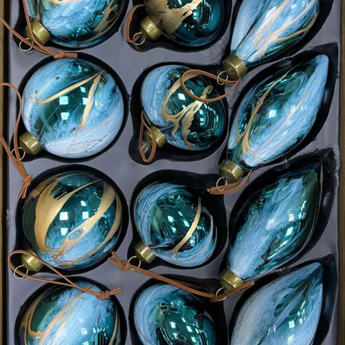 Набор стеклянных украшений Акварель бирюза 80 мм., 12 шт., Christmas De Luxe (87202)