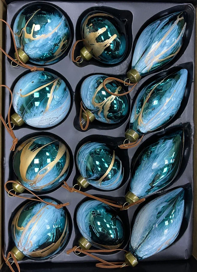Набор стеклянных украшений Акварель бирюза 80 мм., 12 шт., Christmas De Luxe (87202)