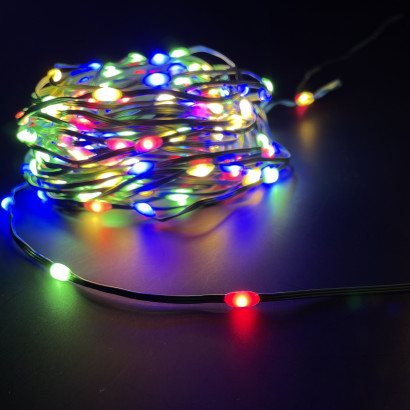 Светодиодная нить Капли 100 разноцветных ламп, 7.5 м., 31В, 8 режимов, таймер, зеленый провод, LUCA (85449)