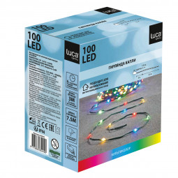 Светодиодная нить Капли 100 разноцветных ламп, 7.5 м., 31В, 8 режимов, таймер, зеленый провод, LUCA (85449)