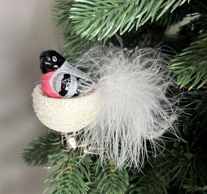 Елочное украшение Птичка в гнезде - снегирь, стекло, 8 см., Irena CO (50009)