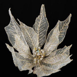 Декоративный цветок Пуансеттия 30 см., шампань с блестками, на клипсе, органза, Christmas DeLuxe (13567)