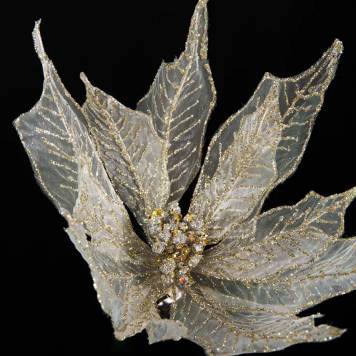 Декоративный цветок Пуансеттия 30 см., шампань с блестками, на клипсе, органза, Christmas DeLuxe (13567) в Санкт-Петербурге