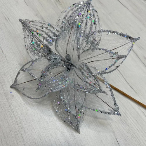 Ветвь Пуансеттия серебро 73х30 см, Christmas DeLuxe (87469)