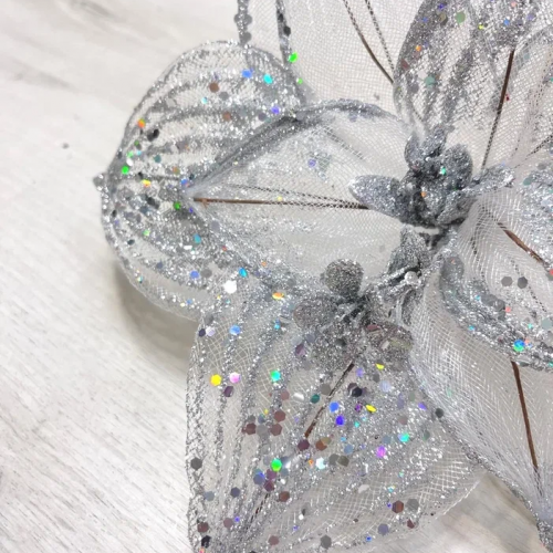 Ветвь Пуансеттия серебро 73х30 см, Christmas DeLuxe (87469)