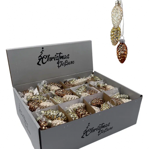 Набор стеклянных украшений Гроздь Шишек, 3 шт., 6 см., шампань, бронза, молочный, Christmas DeLuxe (89874) в Санкт-Петербурге