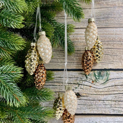 Набор стеклянных украшений Гроздь Шишек, 3 шт., 6 см., шампань, бронза, молочный, Christmas DeLuxe (89874) в Санкт-Петербурге