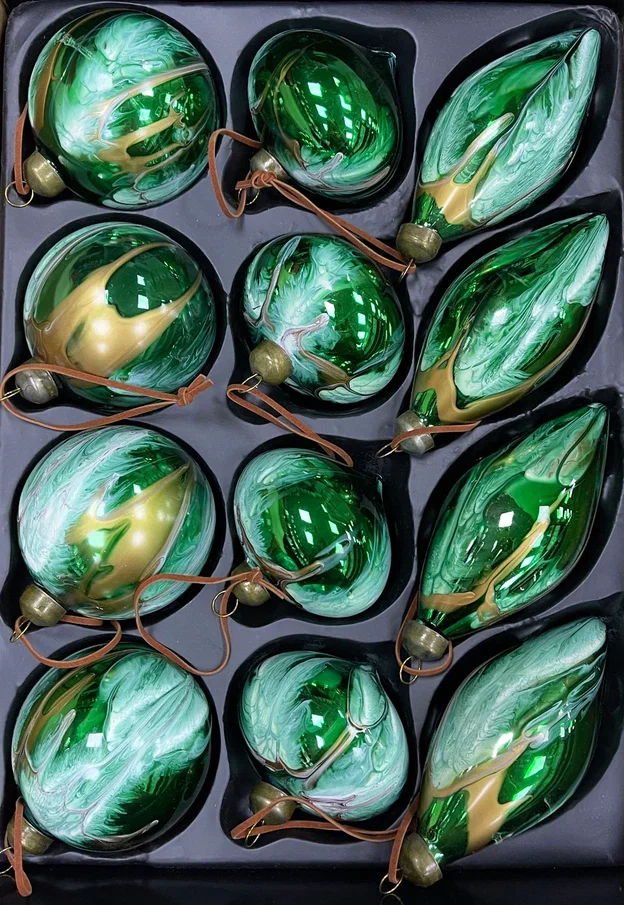 Набор стеклянных украшений Акварель зеленая 80 мм., 12 шт., Christmas De Luxe (87196)