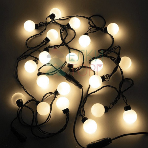 Светодиодная гирлянда шарики Fiesta, 5 м., 20 теплых белых LED ламп 40 мм, 220V, черный ПВХ, Beauty Led (HB20-11-2WW)