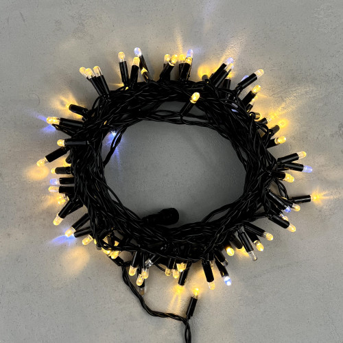 Светодиодная гирлянда с колпачком 100 теплых белых LED ламп 10 м., мерцание, 24В., черный провод ПВХ, IP65, LTC (PST100BLWCAP-11-1WW)