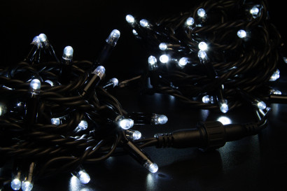 Светодиодная нить 100 холодных белых LED ламп, 10 м., 220В, мерцание, черный резиновый провод, Teamprof (TPF-S10CF-220V-RB/W)