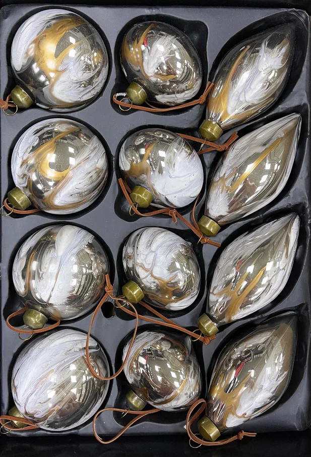 Набор стеклянных украшений Акварель 80 мм., 12 шт., бежевый с золотом, Christmas De Luxe (87206)