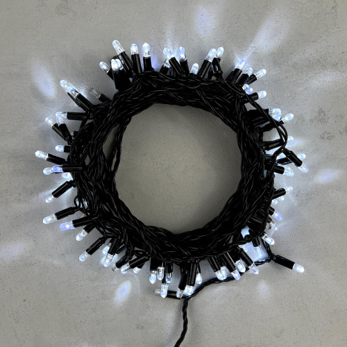  Светодиодная гирлянда с колпачком 100 холодных белых LED ламп 10 м., мерцание, 24В., черный провод ПВХ, IP65, LTC (PST100BLWCAP-11-1W) 
