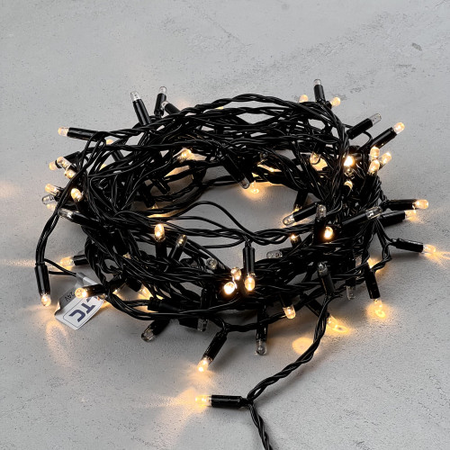 Светодиодная гирлянда с колпачком 100 теплых белых LED ламп 10 м., мерцание каждого диода, 24В., черный провод ПВХ, IP65, LTC (PST100ABLCAP-11-1WW)