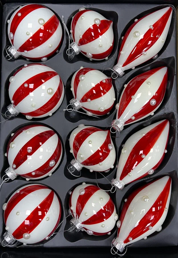 Набор стеклянных украшений Белуччи 80 мм., 12 шт., красный с белым, Christmas De Luxe (87245)