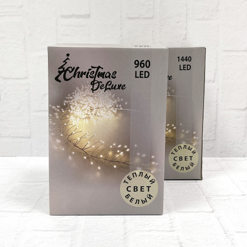Светодиодная нить кластер 960 теплых белых ламп, 6 м., 8 режимов, зеленый провод, Christmas DeLuxe (87448)
