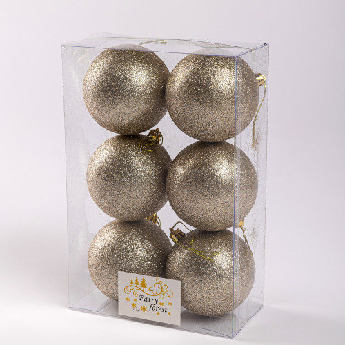 Набор пластиковых шаров Анет 80 мм., шампань глиттер, 6 шт., ЕлкиТорг (150340)