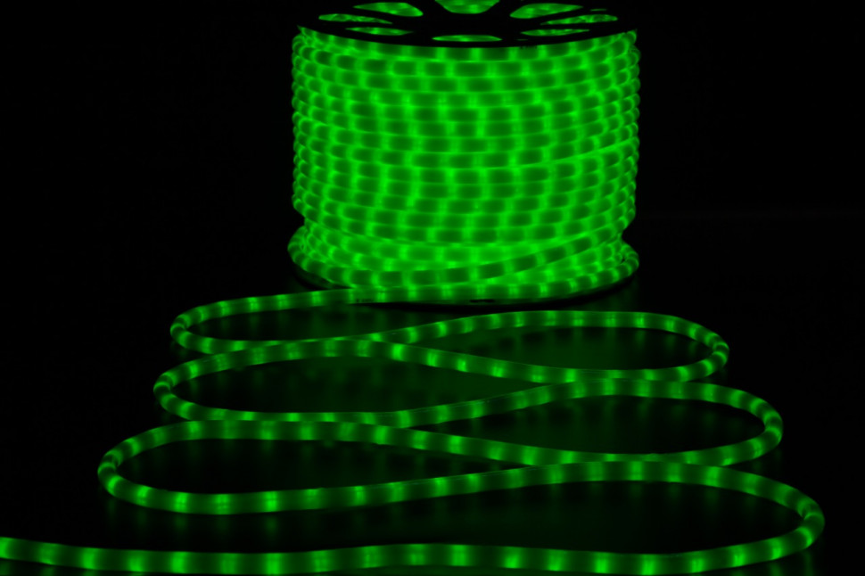 Дюралайт светодиодный 2-х проводной, диаметр 13 мм., 220В, зеленые LED лампы 36 шт на 1 м., бухта 100 м., матовый, статика, Teamprof (TPF-DL-2WHM-100-240-G)