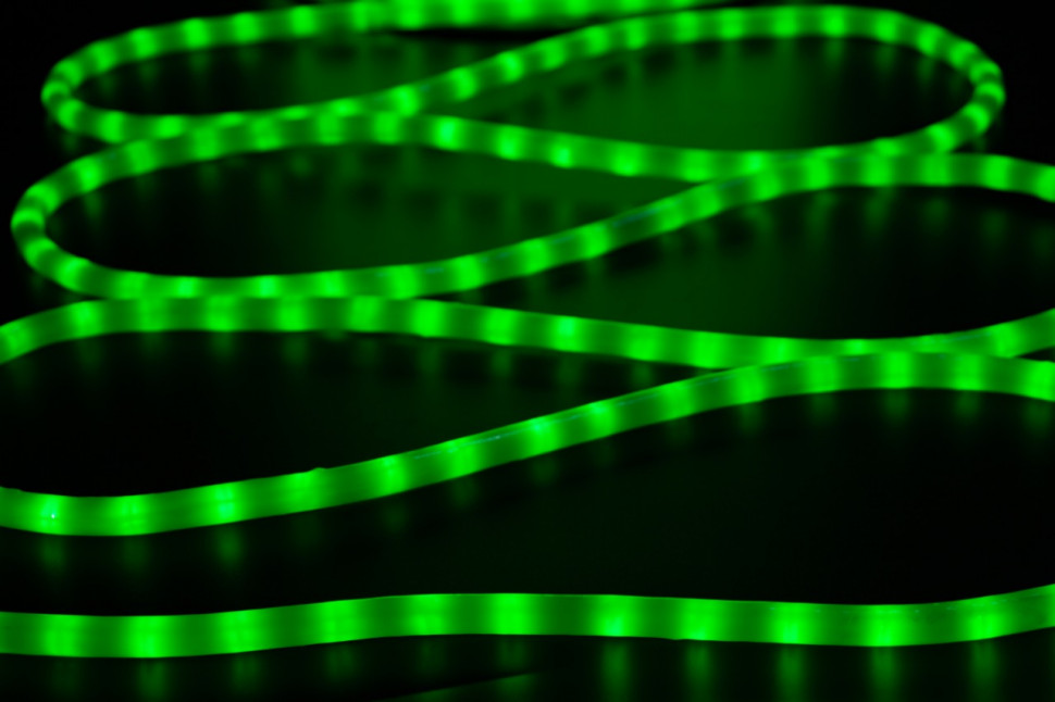 Дюралайт светодиодный 2-х проводной, диаметр 13 мм., 220В, зеленые LED лампы 36 шт на 1 м., бухта 100 м., матовый, статика, Teamprof (TPF-DL-2WHM-100-240-G)