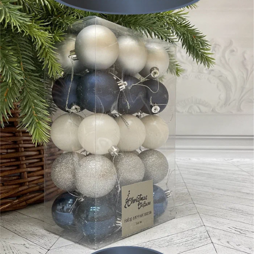 Набор пластиковых шаров  Толледо 60 мм., белый-синий-серебро, 30 шт., Christmas DeLuxe (89770)