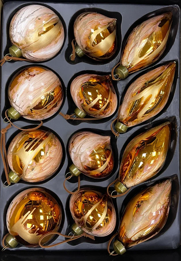 Набор стеклянных украшений Рождественская акварель 80 мм., 12 шт., золото с переливом, Christmas De Luxe (87200)