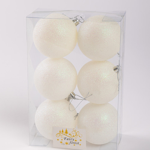 Набор пластиковых шаров Анет 80 мм., белый глиттер, 6 шт., ЕлкиТорг (150342)