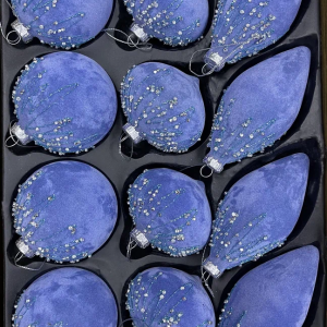 Набор стеклянных украшений Шпинель 80 мм., 12 шт., синий бархат со стразами, Christmas De Luxe (87221)