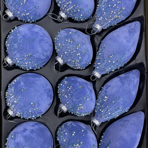Набор стеклянных украшений Шпинель 80 мм., 12 шт., синий бархат со стразами, Christmas De Luxe (87221)