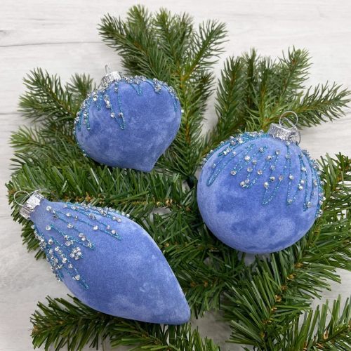 Набор стеклянных украшений Шпинель 80 мм., 12 шт., синий бархат со стразами, Christmas DeLuxe (87221)