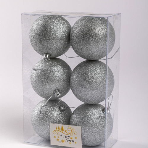 Набор пластиковых шаров Анет 80 мм., серебро глиттер, 6 шт., ЕлкиТорг (150343)