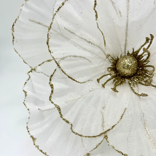 Декоративный цветок Воздушный поток 27 см., белый с золотом, на клипсе, органза, Christmas DeLuxe (13530) в Санкт-Петербурге