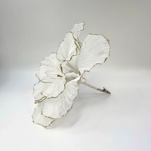 Декоративный цветок Воздушный поток 27 см., белый с золотом, на клипсе, органза, Christmas DeLuxe (13530) в Санкт-Петербурге