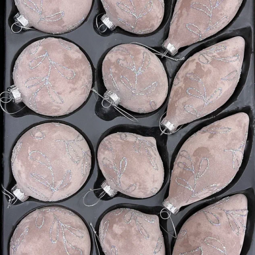 Набор стеклянных украшений Розовый бархат 80 мм., 12 шт., розовый с серебром, Christmas De Luxe (87242)