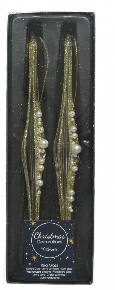 Украшение Сосулька в жемчуге золото 20 см., 2 шт., стекло, Kaemingk (120243/2) в Новосибирске