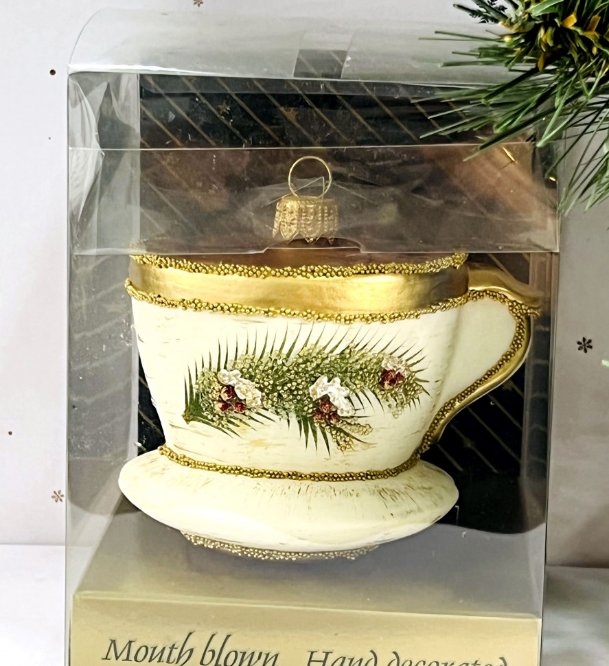Елочное украшение Чашка с веточкой, стекло, 7,5 см., 1 шт., Irena CO (51028)