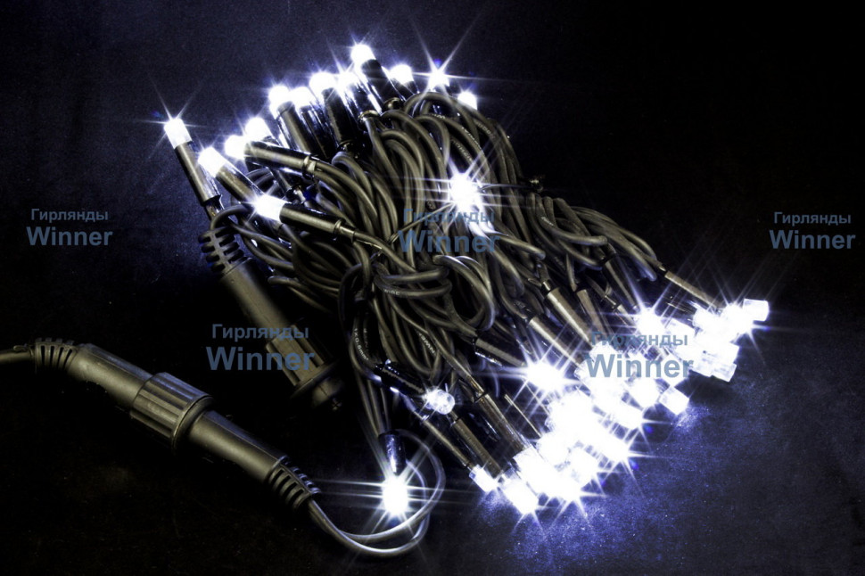 Светодиодная нить с мерцающим диодом 20 м., 220V, 200 холодных белых LED ламп, черный каучук, соединяемая, Winner (w.01.7B.200+)