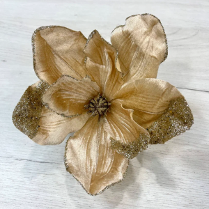 Декоративный цветок Магнолия 23 см., шампань, на клипсе, бархат, Christmas DeLuxe (13910)