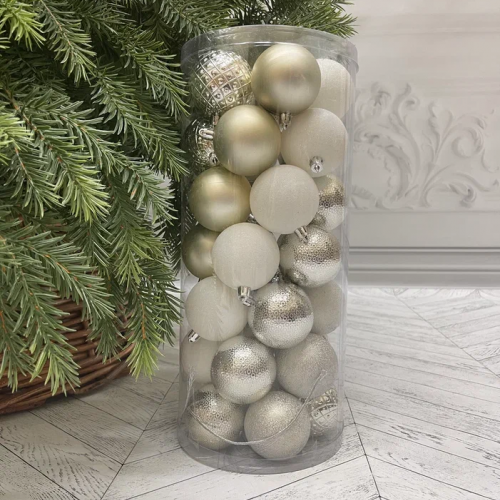 Набор пластиковых шаров Калейдоскоп 60 мм., серебро, 35 шт., Christmas DeLuxe (89289)