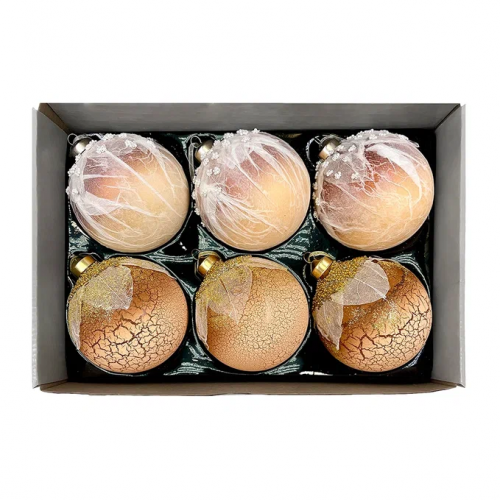 Набор винтажных стеклянных шаров Райский сад  100 мм., песочный, 6 шт., Christmas DeLuxe (14036)