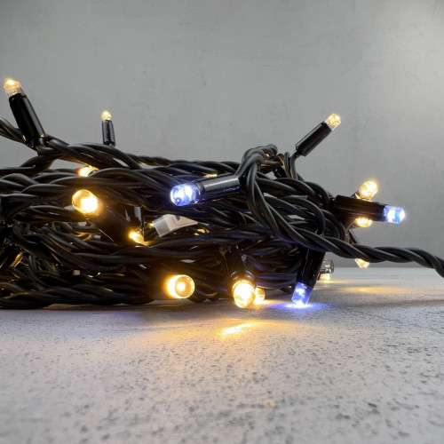 Светодиодная гирлянда с колпачком 75 теплых белых LED ламп 10 м., мерцание, 24В., черный каучуковый провод, IP65, LTC (LL75BLW-1-1WW) 