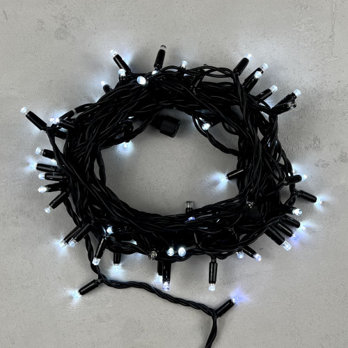 Светодиодная гирлянда с колпачком 75 холодных белых LED ламп 10 м., мерцание, 24В., черный каучуковый провод, IP65, LTC (LL75BLW-1-1W)