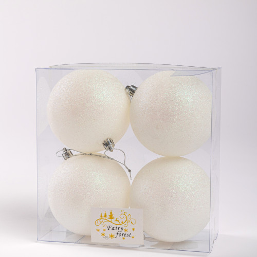 Набор пластиковых шаров Глория 100 мм., белый глиттер, 4 шт., ЕлкиТорг (150439)