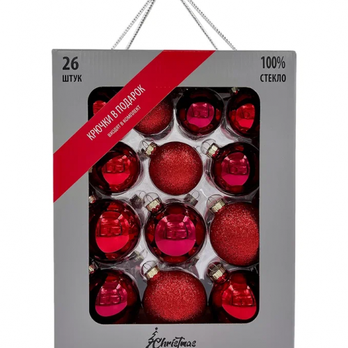 Набор стеклянных шаров Классический красный 26 шт., Christmas DeLuxe (86461)   в Комсомольске-на-Амуре