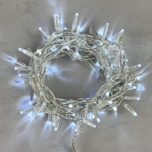 Светодиодная гирлянда с колпачком 100 холодных белых LED ламп 10 м., мерцание, 220-230 В., прозрачный провод ПВХ, IP65, LTC (PST100BLWCAP-10-2W)