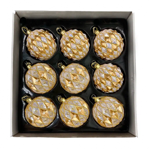 Набор винтажных стеклянных шаров Жемчужное ожерелье 80 мм., пудрово-золотой, 9 шт., Christmas DeLuxe (13991)