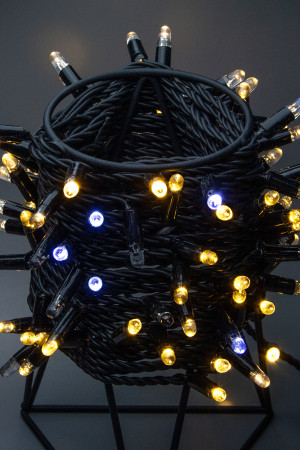 Светодиодная нить 100 теплых белых LED ламп, 10 м., 24В, мерцание, черный резиновый провод 2,3 мм., Teamprof (TPF-S10CF-24V-SRB/WW)