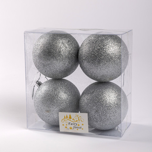 Набор пластиковых шаров Глория 100 мм., серебро глиттер, 4 шт., ЕлкиТорг (150440)